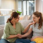 Une mère écoute attentivement sa fille adolescente sur un canapé, dans une ambiance chaleureuse.