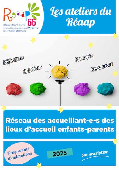 Les ateliers du Réaap 66 - Réseau d'accueillants des lieux enfants-parents avec boules de pâte à modeler colorées illustrant réflexions, créations, partages et ressources