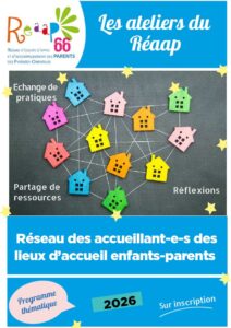Programme d'animation 2026 des ateliers du Réaap 66 (Réseau d'Appui et d'Accompagnement des Parents des Pyrénées-Orientales) pour les lieux d'accueil enfants-parents