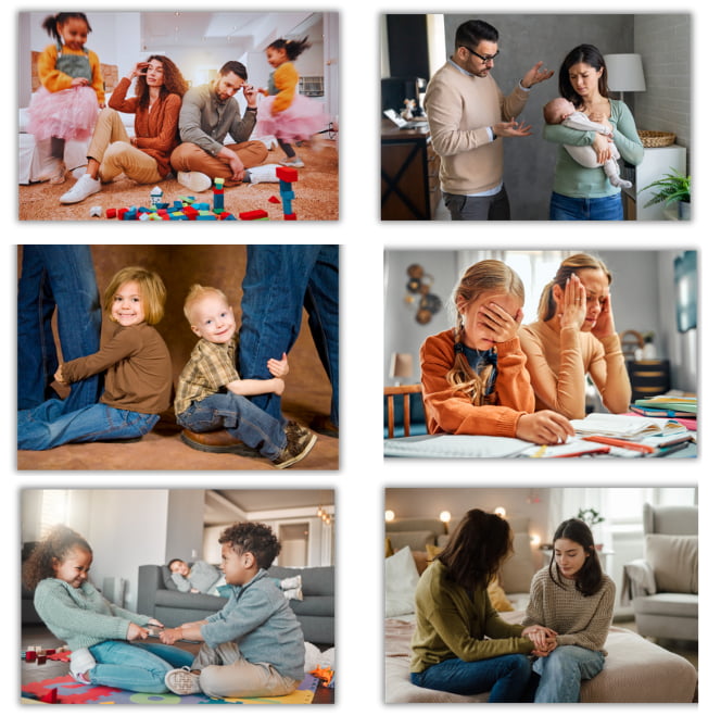 Photos représentant diverses situations de fatigue parentale