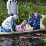 Grands parents et petite fille jouant au bord d'un étang