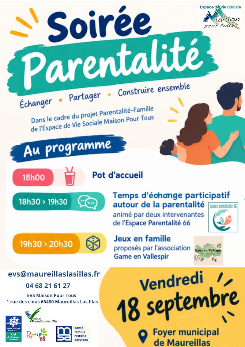 Affiche soirée parentalité de Maureillas Las illas ouverture le 18-09